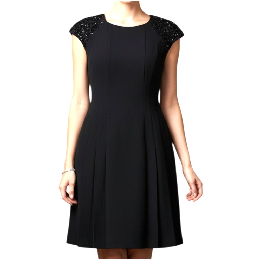 NWT VTG MariAnna Black Cocktail Dress BEADED & EMBROIDERED SHOULDERS Pleated 10